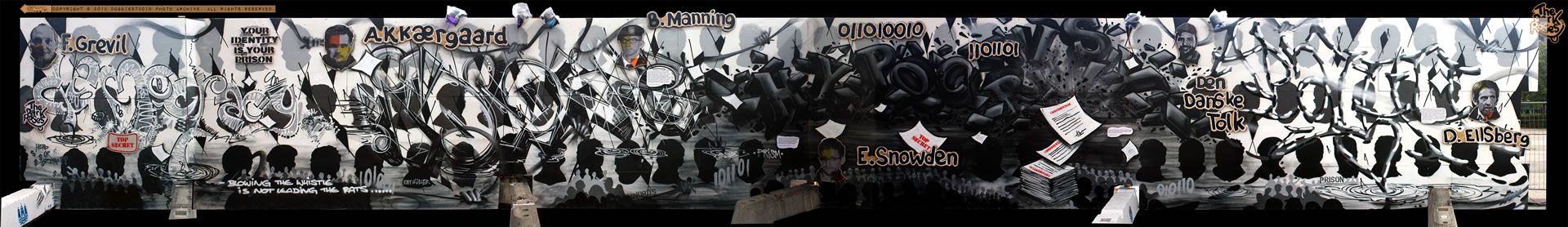 ★ Hero or Traitor? ★ Who to questionnaire or who to trust in matter of mass surveillance is for your own good?.. by Aim 1, Avelon 31, DoggieDoe, More, Motus and Nexr - The Dark Roses - GALORE Urban Art Festival, Toftegårds Plads, Valby, Copenhagen, Denmark August 2013
